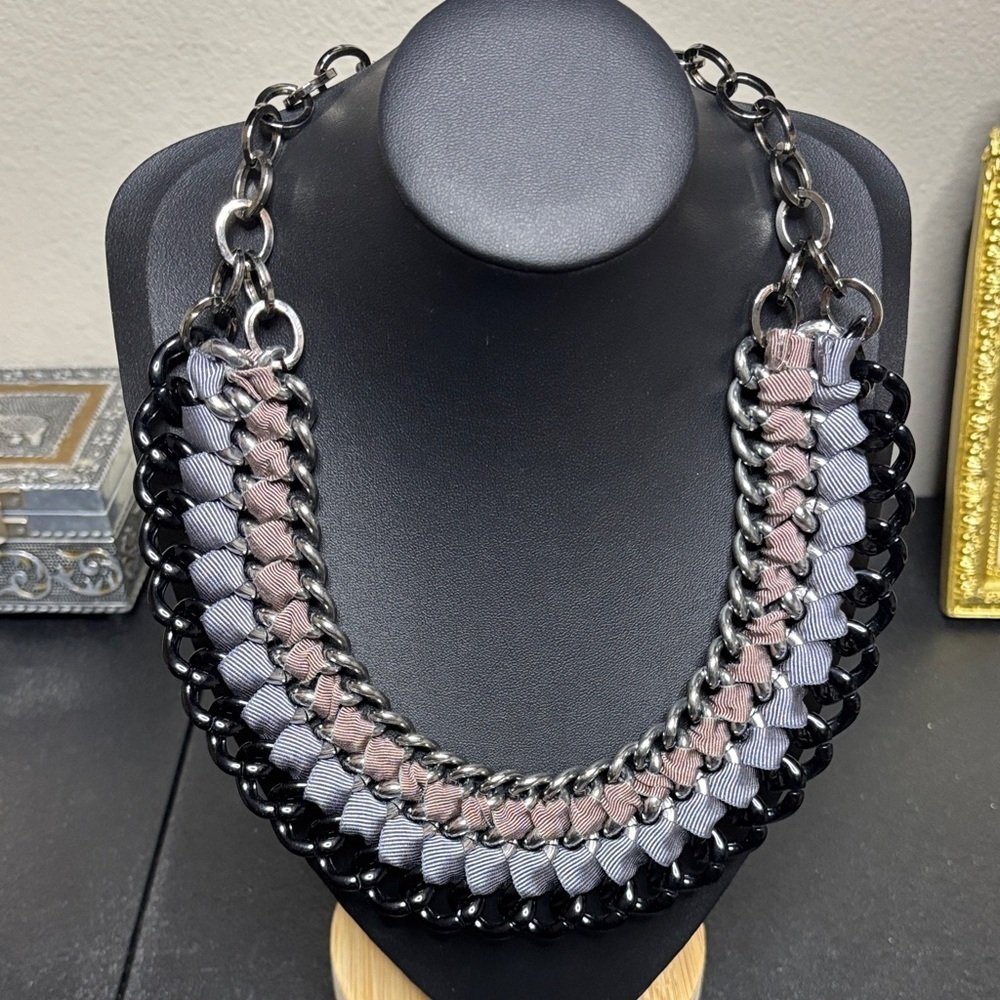 Pono Italy Braided Chain Ribbon Bib Started Necklace Gunmetal Silver Tone
